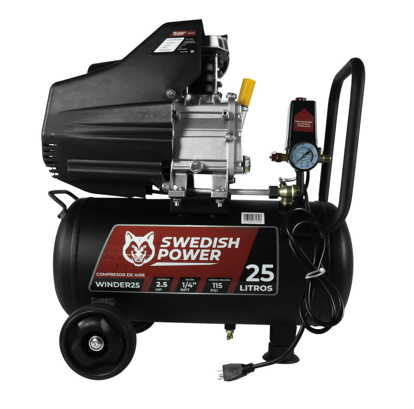 Kit Compresor de Aire Eléctrico De 2.5 Hp 110V Con Tanque De 25 Litros Y 115 Psi Con Pistola de Baja Presión y Manguera De 3 Metros Husky WINDER25