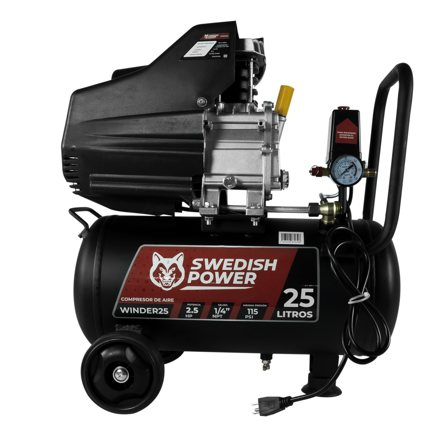 Kit Compresor de Aire Eléctrico De 2.5 Hp 110V Con Tanque De 25 Litros Y 115 Psi Con Pistola de Baja Presión y Manguera De 3 Metros Husky WINDER25