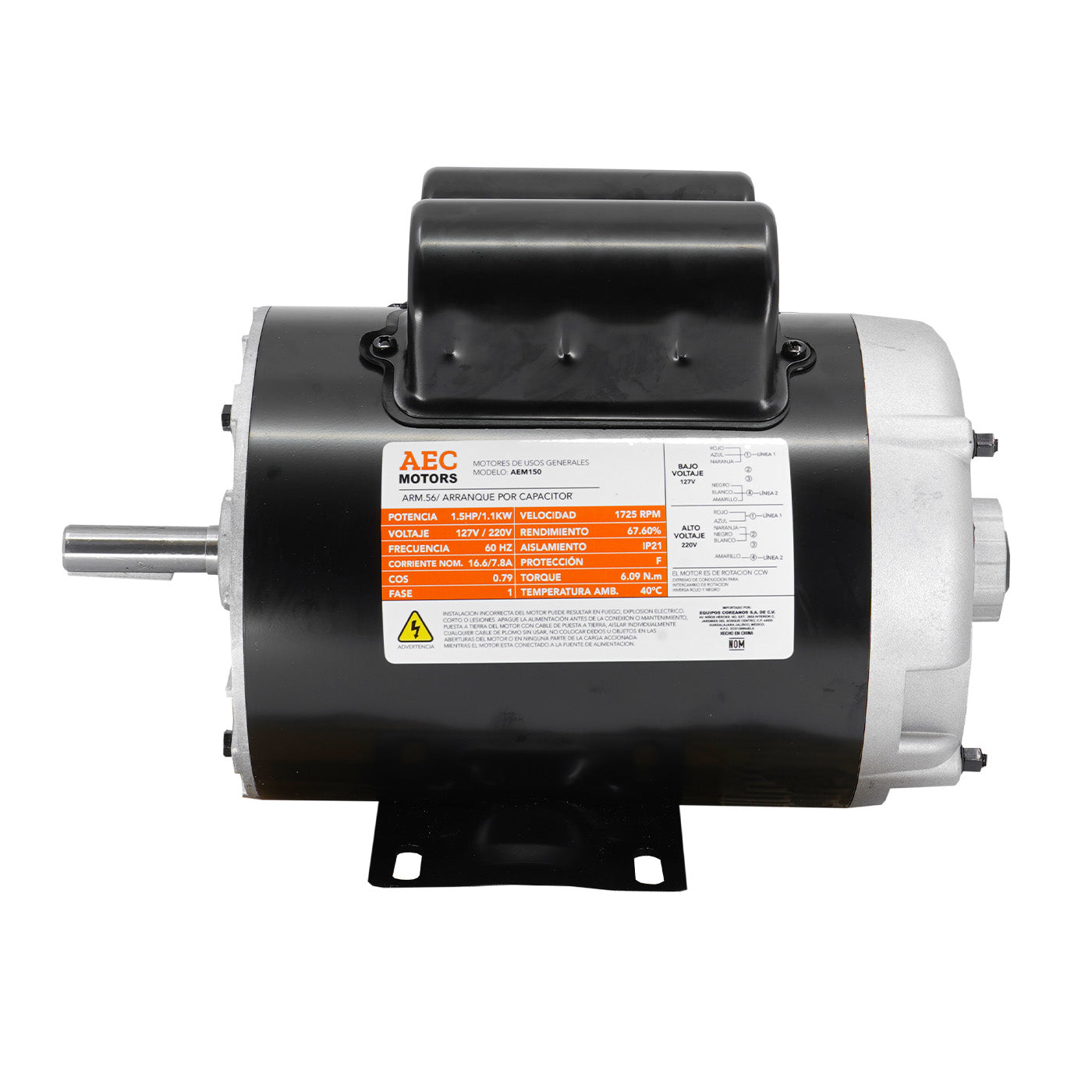 Motor Eléctrico 1.5 Hp Monofasico 110/220v  4 Polos  1725 rpm – AEM150  Aec Motors