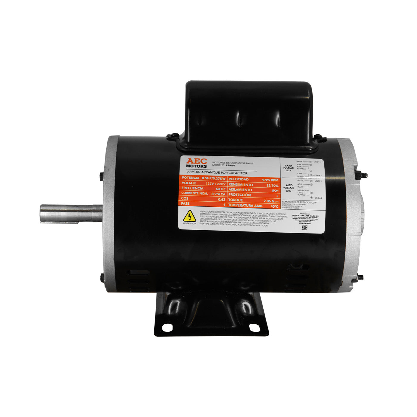 Motor Eléctrico 1/2 Hp Monofasico 110/220v  4 Polos  1725 rpm – AEM50   Aec Motors