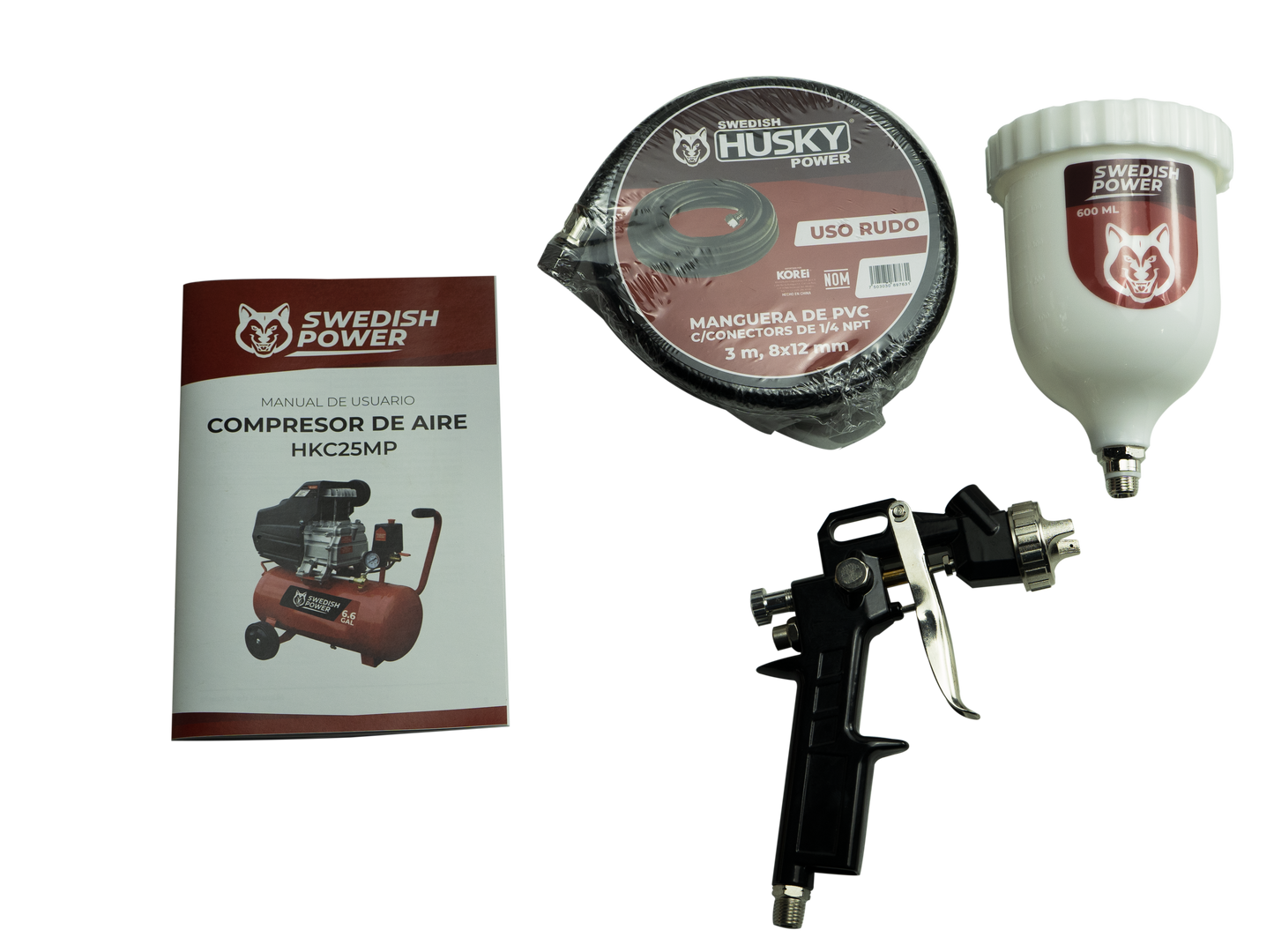 Kit Compresor de Aire Eléctrico De 2.5 Hp 110V Con Tanque De 25 Litros Y 115 Psi Con Pistola De Gravedad y Manguera De 3 Metros Husky HKC25MP
