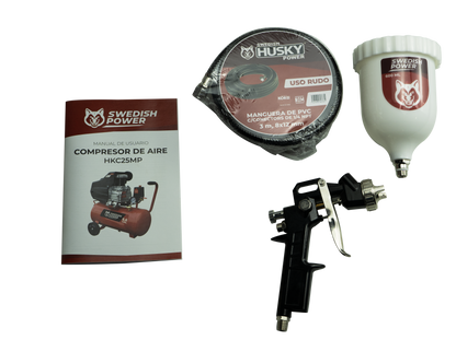 Kit Compresor de Aire Eléctrico De 2.5 Hp 110V Con Tanque De 25 Litros Y 115 Psi Con Pistola De Gravedad y Manguera De 3 Metros Husky HKC25MP