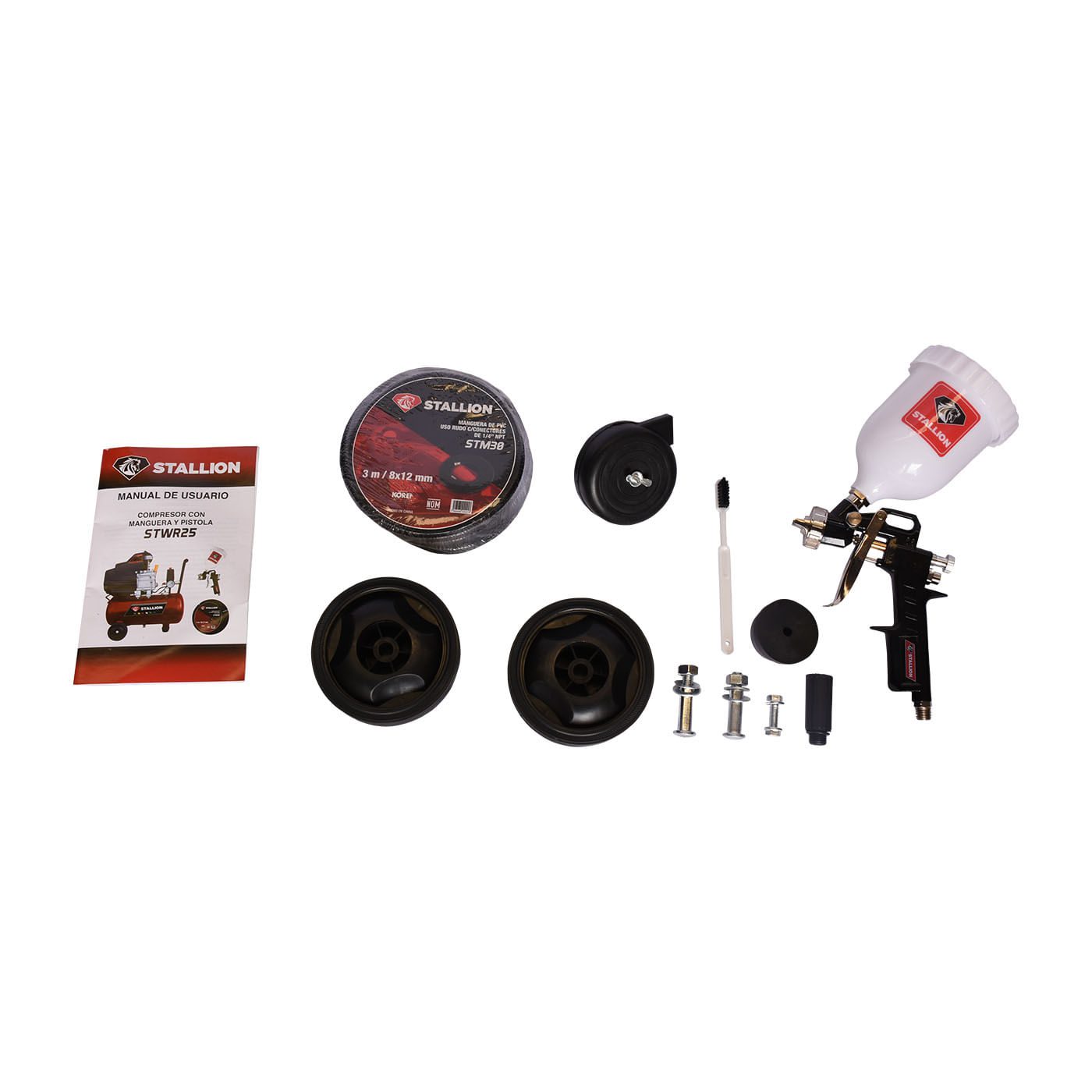 Kit Compresor De Aire Electronico De 2.5 Hp 110V Con Tanque De 25 Litros Y 115 Psi Con Pistola De Gravedad Y Manguera STALLION STWR25