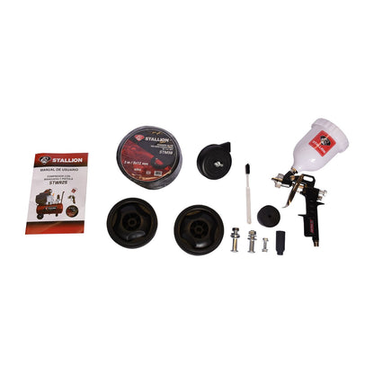 Kit Compresor De Aire Electronico De 2.5 Hp 110V Con Tanque De 25 Litros Y 115 Psi Con Pistola De Gravedad Y Manguera STALLION STWR25