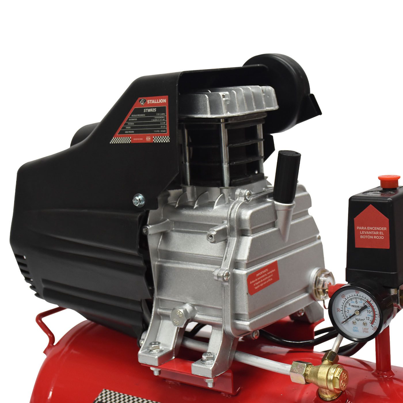 Kit Compresor De Aire Electronico De 2.5 Hp 110V Con Tanque De 25 Litros Y 115 Psi Con Pistola De Gravedad Y Manguera STALLION STWR25